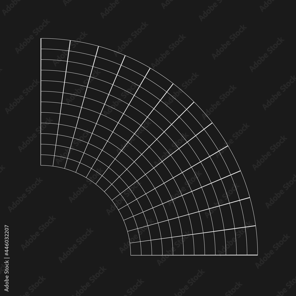 Poster retrofuturistic bent semicircular grid. cyber design element. grid in cyberpunk 80s style. cyber geo