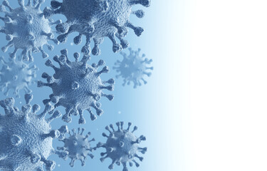 Coronavirus cells in an electron microscope. 3D illustration
