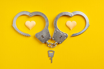 Handcuffs smile shape on yellow background. Freedom concept.