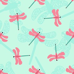 Summer seamless pattern with silhouette of dragonfly fly. Vecor background.