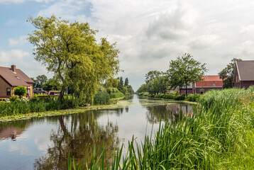 Obraz premium Small Dutch river Graafstroom near the village of Bleskensgraaf, municipality of Molenlanden, Alblasserwaard, province of South Holland. The photo was taken on a cloudy day at the beginning of summer.