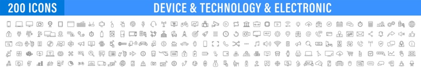 Big set of 200 Technology and Electronics and Devices web icons in line style. Device, phone, laptop, communication, smartphone, ecommercem, network, business, media. Vector illustration.