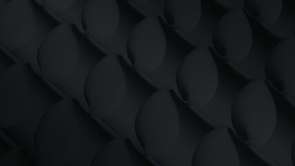Dark lines of abstract techno fractals background. Futuristic 3D render shape with changing shape. Moving pattern of black pipes with geometric cocoons and curved structures