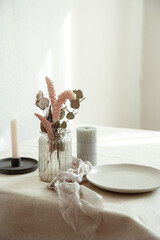 Minimalistic composition with Scandinavian home decor details copy space.
