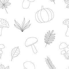 Autumn black and white colors vector illustration. Leaves mushrooms pumpkins graphics