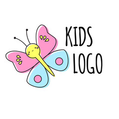 Kids logo template. Cute butterfly. Sign, label for children design