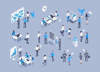 isometric vector illustration on gray background, office workers in different situations, teamwork and collaboration - obrazy, fototapety, plakaty