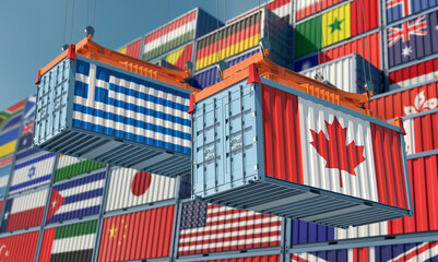 Freight containers with Greece and Canada flag. 3D Rendering 