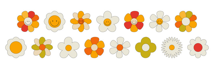 Large set of retro flowers. Smiling face. Collection of different flowers in a hippie style. Vector illustration isolated on a white background - obrazy, fototapety, plakaty