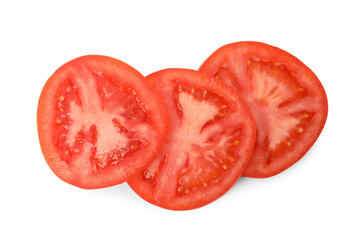 Slices of ripe tomato on white background, top view