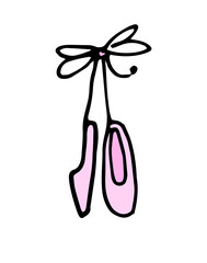 Vector pair of pink women's ballet shoes on a ribbon with a bow with a white line on a black background. Isolated children's pointe shoes, tied with a bow, hand-drawn in the style of doodles for a des