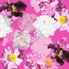Beautiful floral background of peonies and iris. Isolated