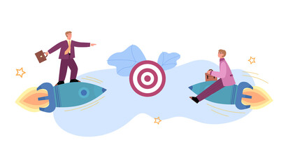 Two businessman fly in sky on fast rockets for success achieve of business target