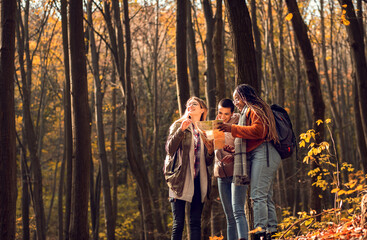 Fototapeta na wymiar Three female friends enjoying hiking in forest on a beautiful autumn day.