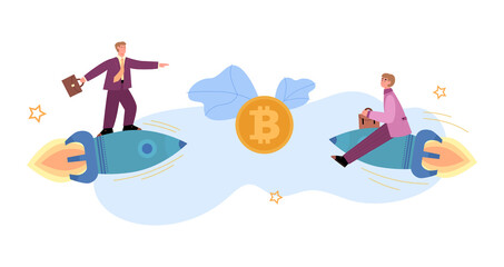 Two businessman flying on rocket compete on fast success new business or startup