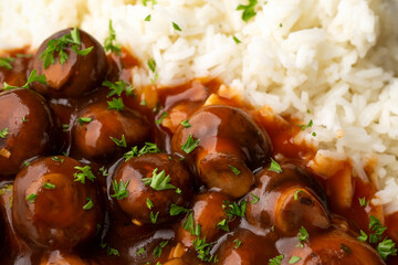 Mushrooms in Balsamic Soy rich sauce with rice. healthy vegan food.