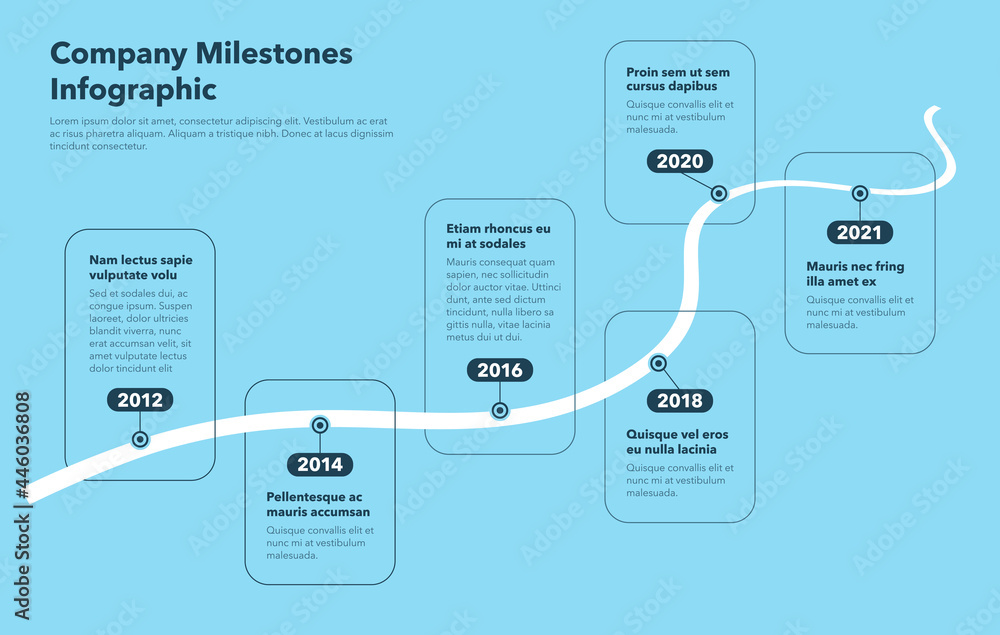 Poster business infographic for curved road map timeline - blue version. easy to use for your website or pr