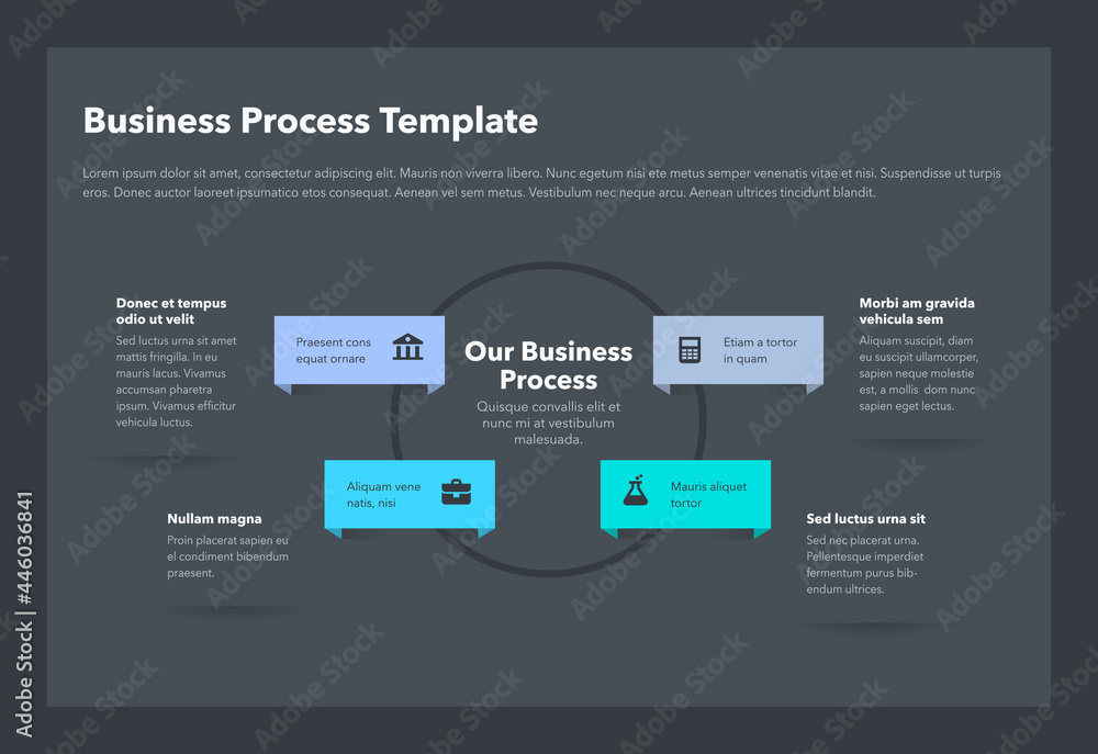 Poster Modern business process template with 4 steps – dark version. Easy to use for your website or presentation.