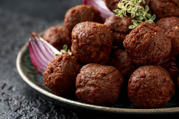 Vegetarian vegan meatballs ready to eat in plate