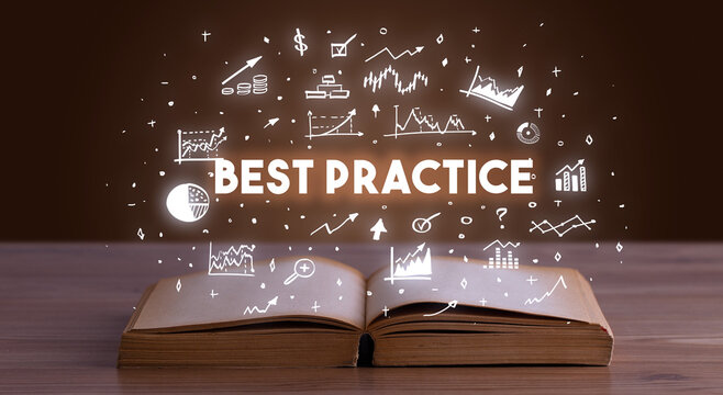 Business inscription coming out from an open book