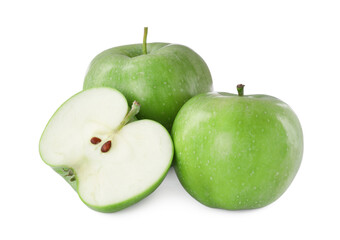 Whole and cut apples on white background