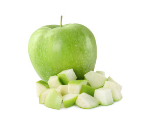 Whole and cut apples on white background