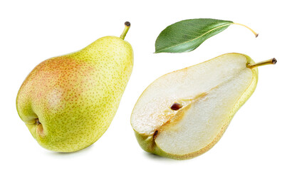 pear with slice and leaf each separately isolated white background