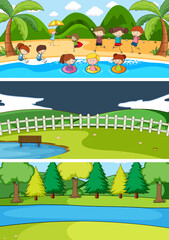 Fototapeta premium Set of different horizon scenes background with doodle kids cartoon character