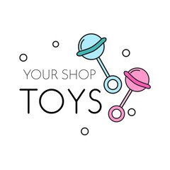 Toy shop logo template with rattles. Sign, label for children and kids design, promotion