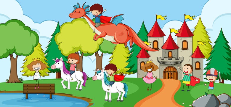 Many kids doodle cartoon character in nature scene with castle