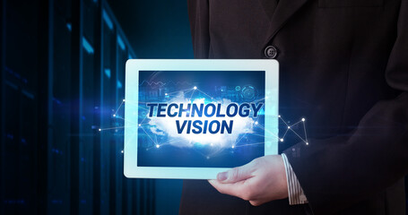 Person holding tablet, technology concept