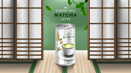 Green tea latte and almond milk in aluminium can with japanese background.