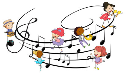 Naklejka premium Musical melody symbols with many doodle kids cartoon character