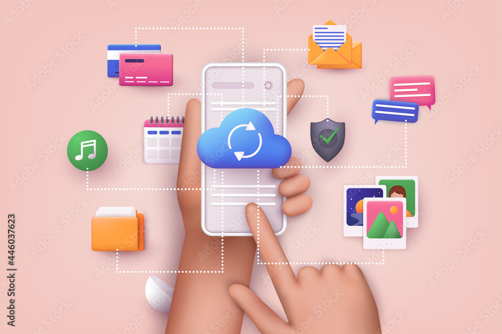 Poster cloud computing upload and download data online service with mobile phone. polygonal wireframe cloud