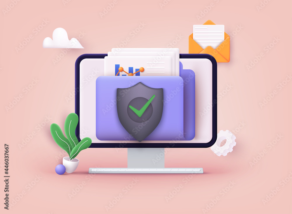 Poster secure confidential files folder with paper documents access and private lock. 3d vector illustratio