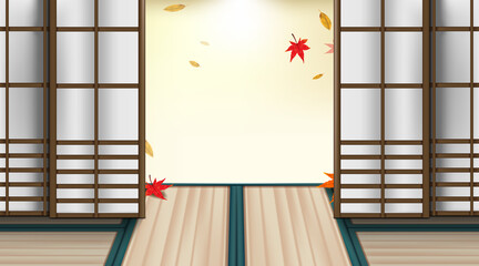 Travel concept with Autumn season and red maple leaves in Japanese room.
