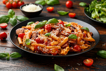 Sausage penne Pasta with tomato sauce, parmesan cheese and basil on black plate