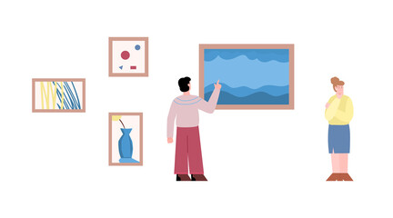 Art museum visitors enjoying oil painting, flat vector illustration isolated.