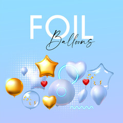 Foil Balloons. Bright event design with flying air balloons and light.