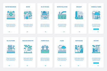 Pollution of water air nature resources vector illustration. UX, UI onboarding mobile app page screen set with line nuclear, oil refining chemical industry polluting environment with smoke fumes smog