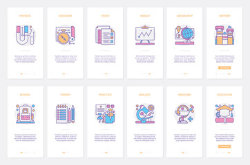 School discipline research, supplies tools for student and education vector illustration. UX, UI onboarding mobile app page screen set with line learning theory and practice of physics history biology