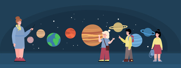 Background with school children in planetarium, flat vector illustration.