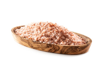 Himalayan salt in an olive wood bowl isolated on white baskground