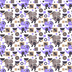 seamless pattern gray-purple with dinosaurs on a white background