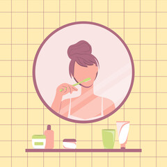 Girl brushes her teeth and looks at her reflection in the mirror in the bathroom. Daily life concept. Oral hygiene and health care. Vector illustration in flat style