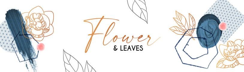 Elegant hand drawn gold flower art design. Trendy blossom background with watercolor paint stains