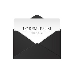 Realistic black envelope mockup. Opened paper envelope letter with text isolated on white background. Vector illustration