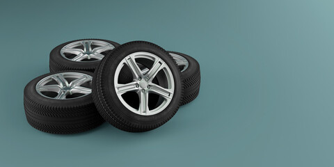 Tires and alloy rims with copy space.3d rendering