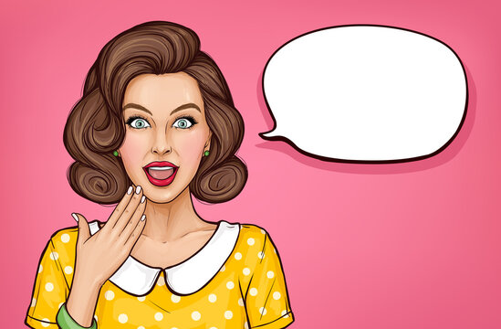 Surprised young woman with brown curly hair on pink background. Amazed girl with open mouth. Vector pop art illustration of excited, shocked pretty lady with empty speech bubble.