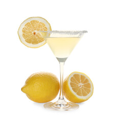 Lemon drop martini cocktail and fresh fruits on white background